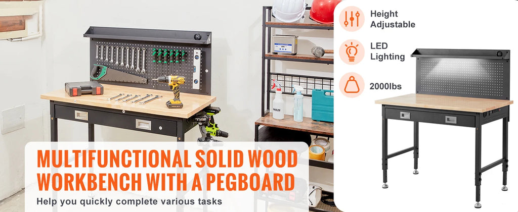 2000lbs Hardwood Workbench Oak Plank Garage Work Table Carbon Steel with 3m Cable 30 Hooks for Garage Office Workshop