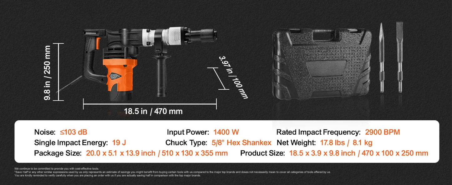 1400W Electric Demolition Jack Hammer 2900 BPM
