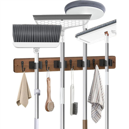 Wooden Broom Holder Wall Mount - 4 Holders 4 Hooks