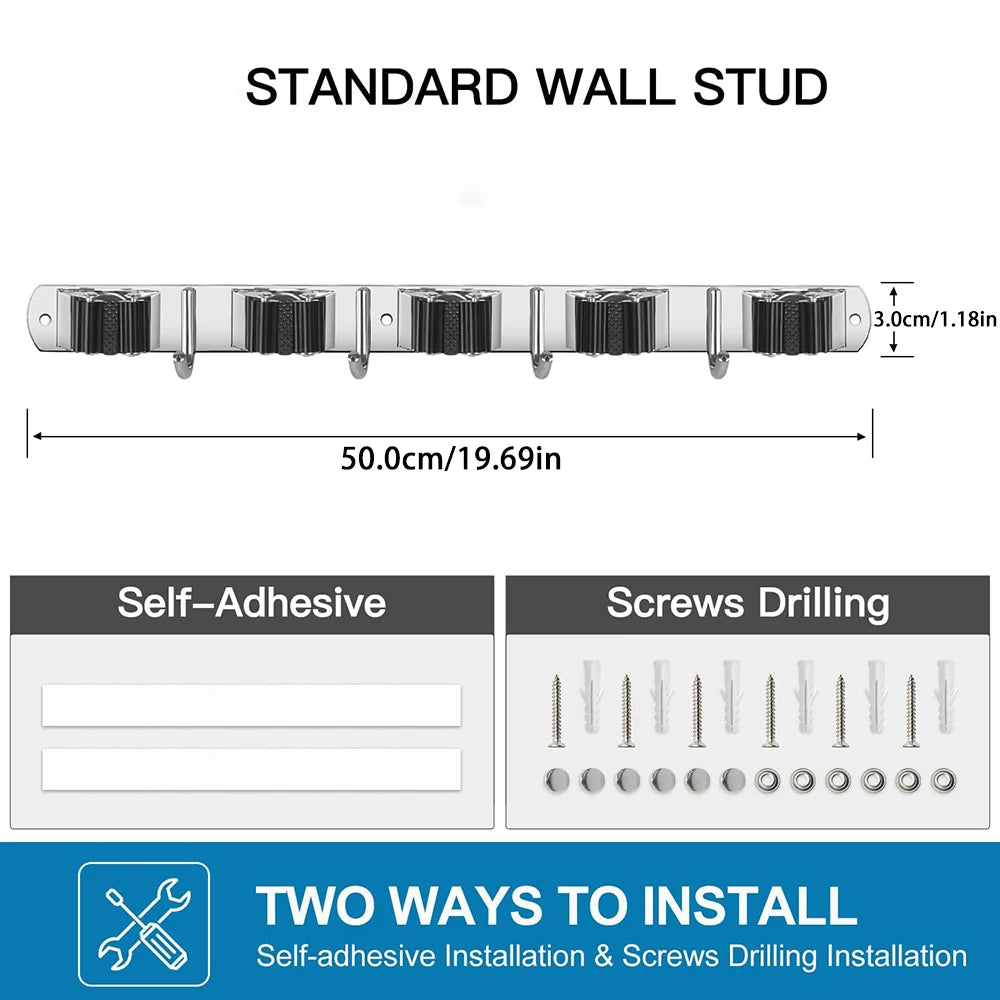 Wall Mount Stainless Steel Mop & Broom Storage Rack