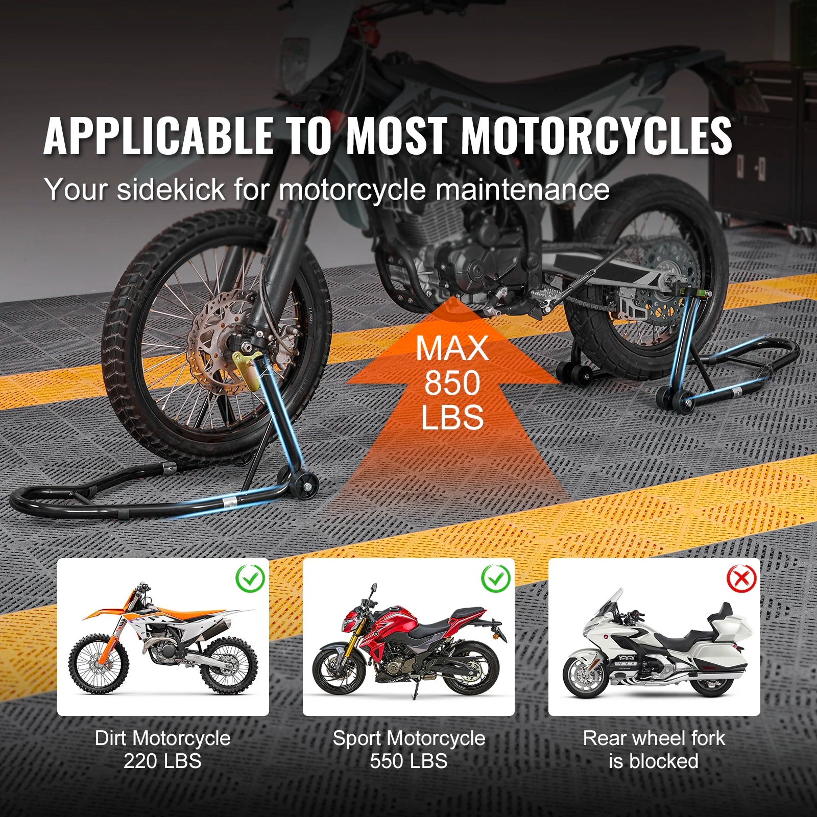 Motorcycle Stand Lift 850lbs Front Rear Combo Stand Lift Stand Front&Rear Wheel Fork Stand Heavy Duty Rear Wheel Stand