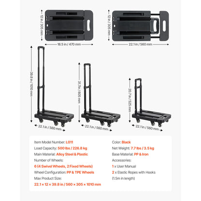 Folding Hand Truck 500 lbs with 6 Wheels & Ropes