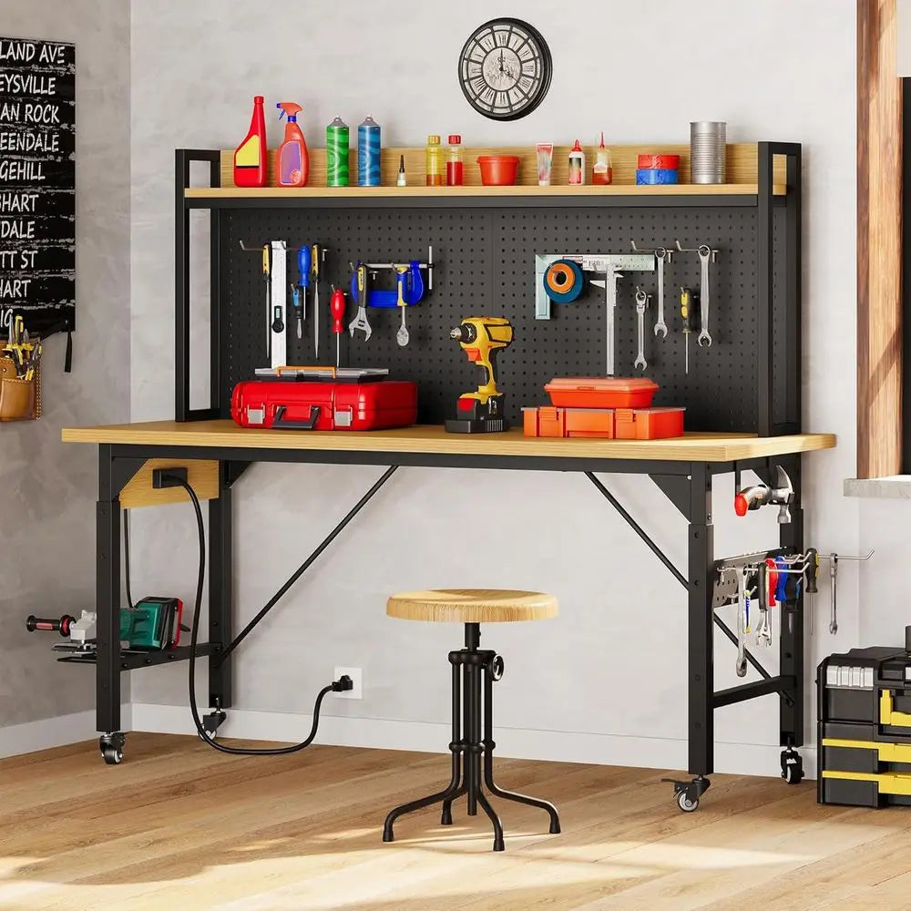 60" Adjustable Workbench with Pegboard, Heavy Duty Wood Top Work Bench with Wheels, 1600 LBS Load acity, Rolling Work Table with