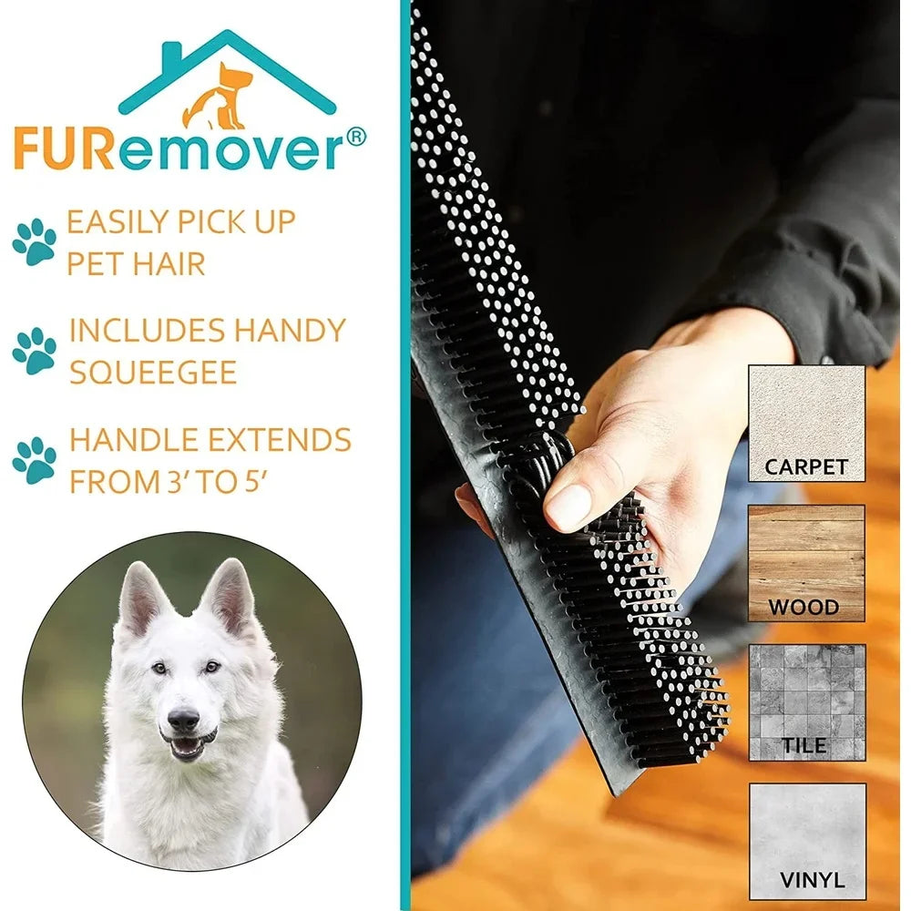 Rubber Broom Pet Hair Remover with Squeegee Natural Bristles Carpets Rugs and Hardwood Floors Cleaning