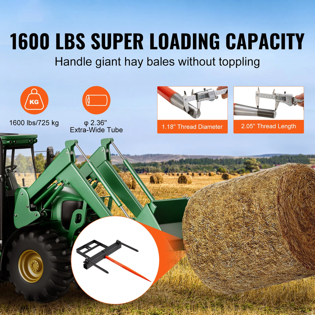 39" Hay Spear Bale Spears 1600lbs Loading Capacity Skid Steer Loader Tractor Bucket Attachment with 17.5" Stabilizer