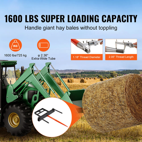 39" Hay Spear Bale Spears 1600lbs Loading Capacity Skid Steer Loader Tractor Bucket Attachment with 17.5" Stabilizer