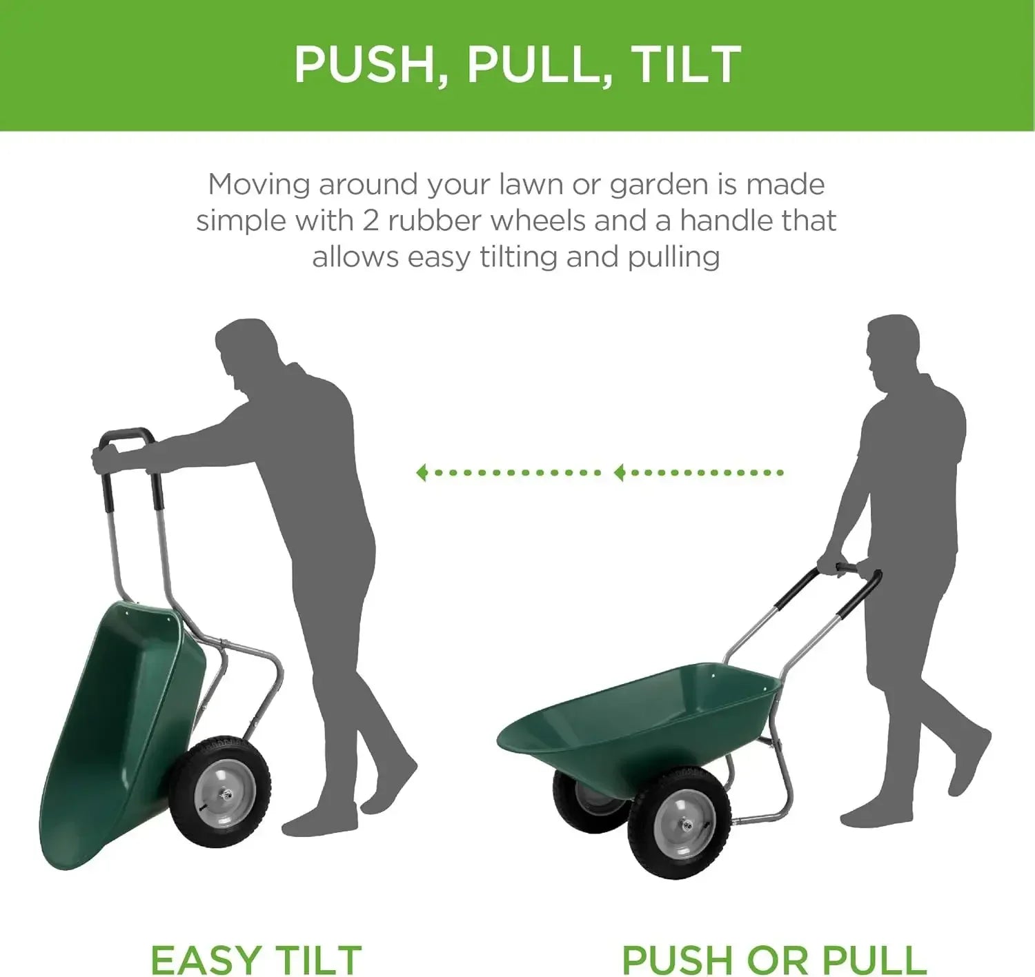 Dual-Wheel Home Utility Yard Wheelbarrow Garden Cart w/Built-in Stand for Lawn, Gardening, Construction - Greencustomizab