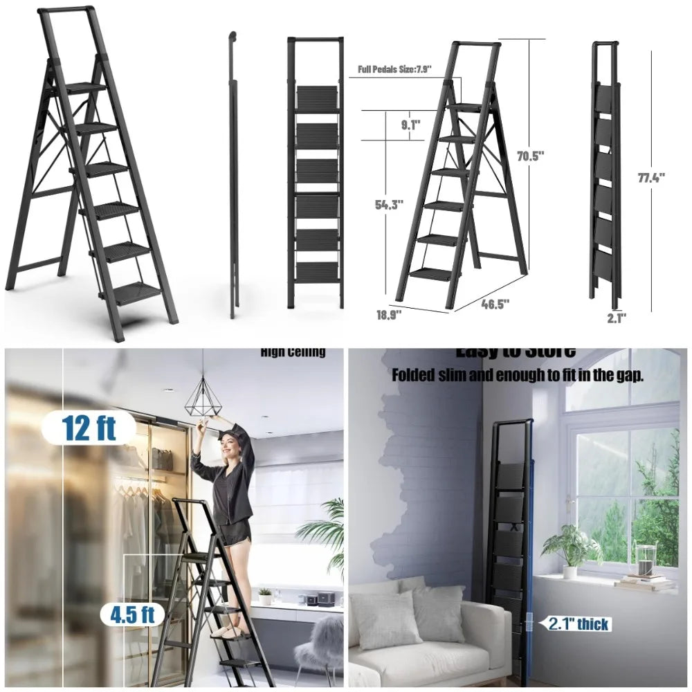 6-Step Folding Ladder for 12 ft Ceilings - Anti-Slip