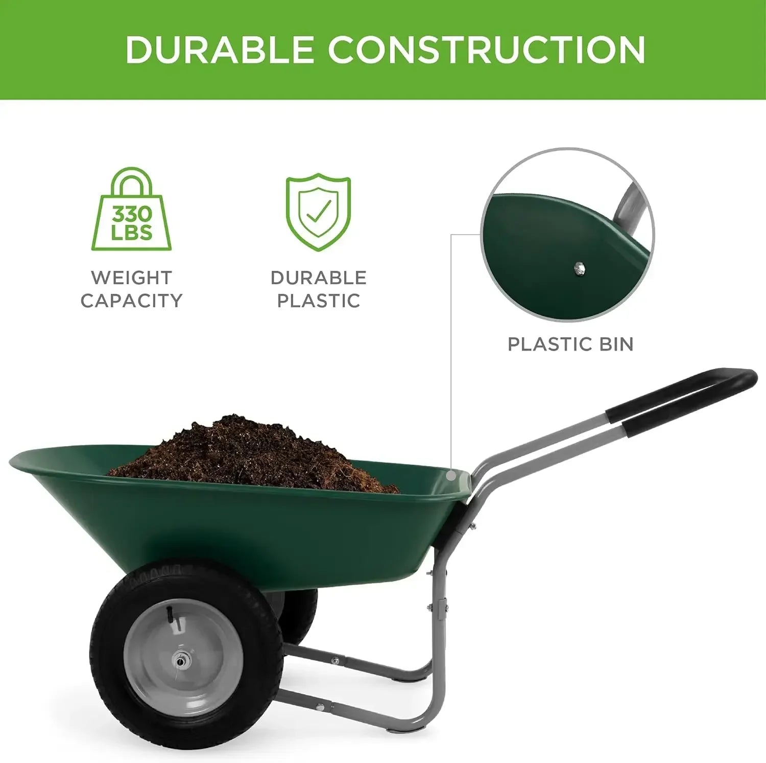 Dual-Wheel Home Utility Yard Wheelbarrow Garden Cart w/Built-in Stand for Lawn, Gardening, Construction - Greencustomizab