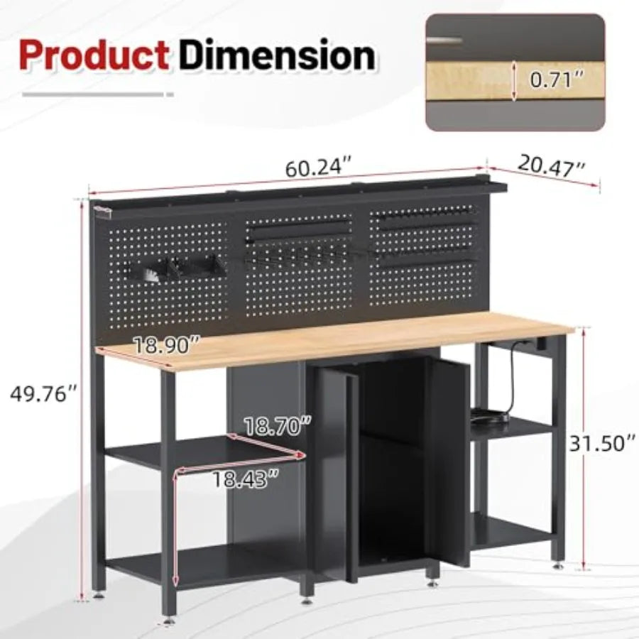 60" Workbench with Garage Cabinet Storage 2000 lbs
