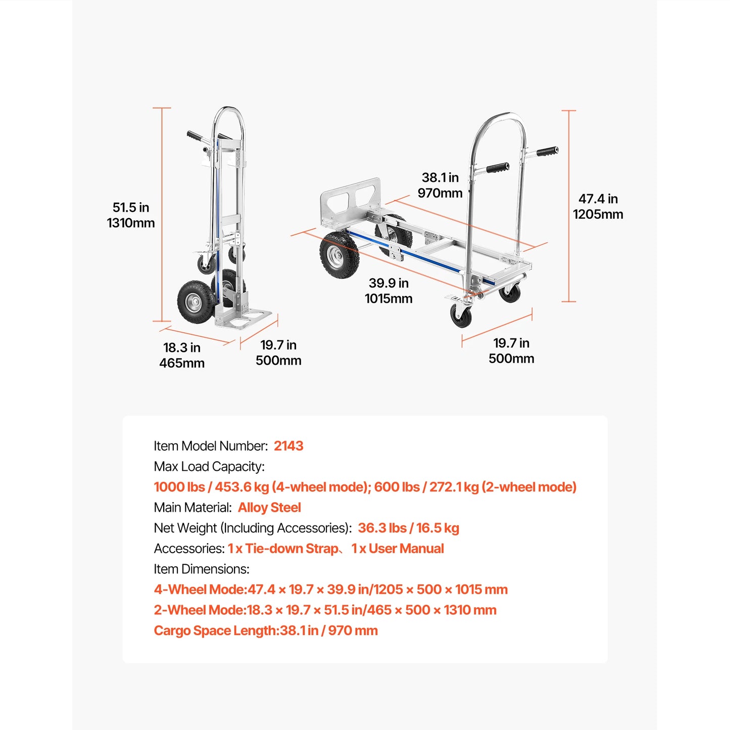 2-in-1 Convertible Hand Truck Dolly 1000 lbs