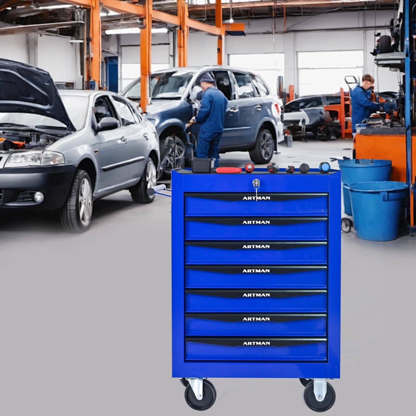 7-Drawer Rolling Tool Cabinet - Lockable Steel, Red