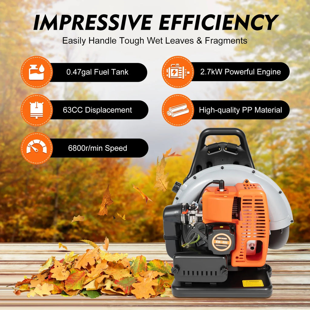 Backpack Leaf Blower 63CC 2 Stroke Gas Powered Leaf Blowers with 1.8L Fuel Tank,  Air Cooling Grass Blower for Yard
