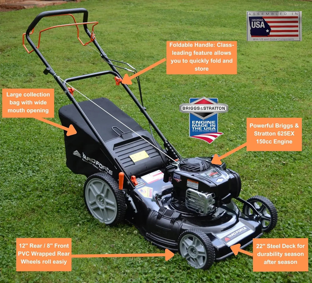 Self Propelled Lawn Mower Yard Force Briggs Stratton 150cc Engine 22-inch Deck 3-in-1 Mulch Bag Side Discharge 12-inch Wheels