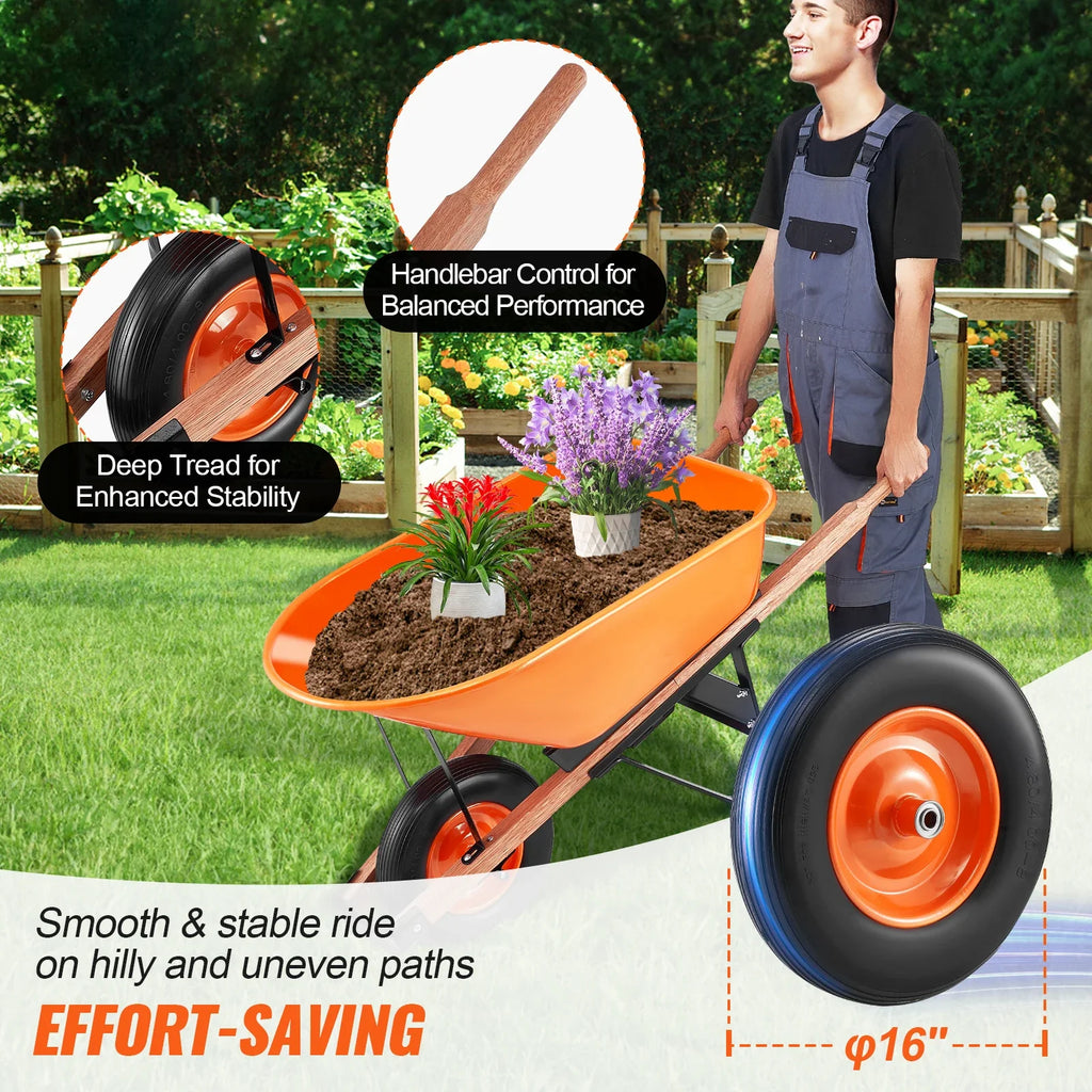 Wheelbarrow Cart 330lbs Capacity One Wheel Garden Dump Cart Wheel Barrow with Handle &  16"  Wide Track Wheels for Farm