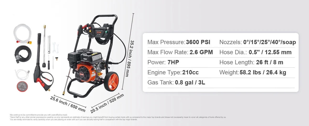 Gas Pressure Washer 3600 PSI 2.6 GPM Gas Powered Pressure Washer with Copper Pump Spray Gun and Extension Wand 5Nozzles
