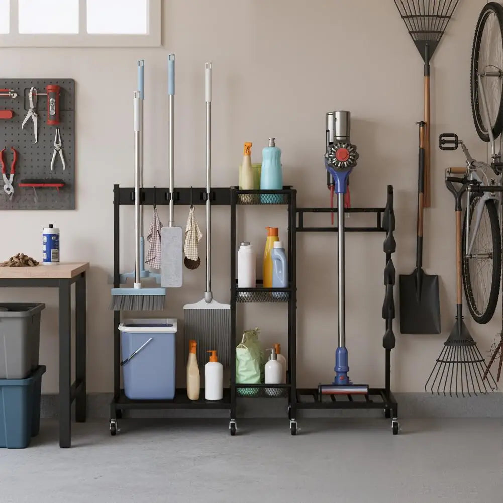 3-Tier Rolling Broom & Mop Storage Rack with Brakes