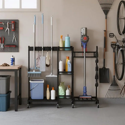 3-Tier Rolling Broom & Mop Storage Rack with Brakes