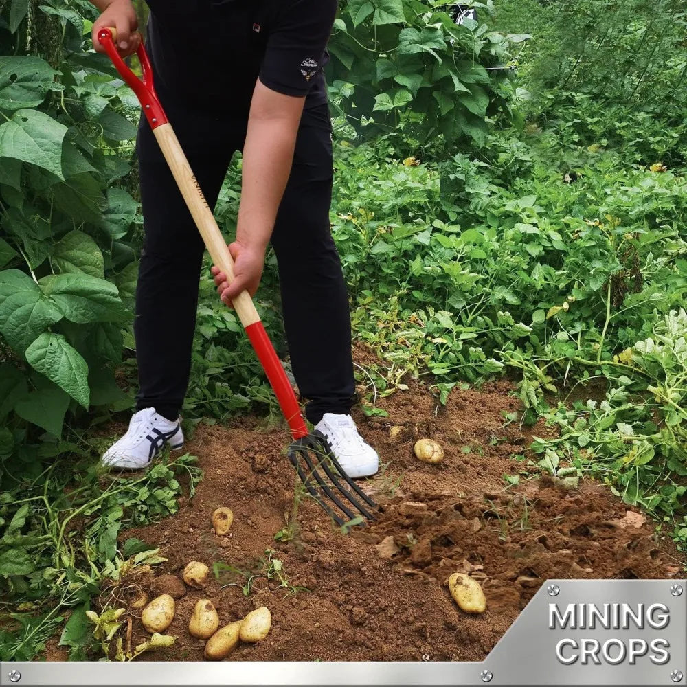 4-Tine Steel Garden Fork, 45-Inch Wood Handle, Heavy Duty Digging Tool for Soil Compost Mulching