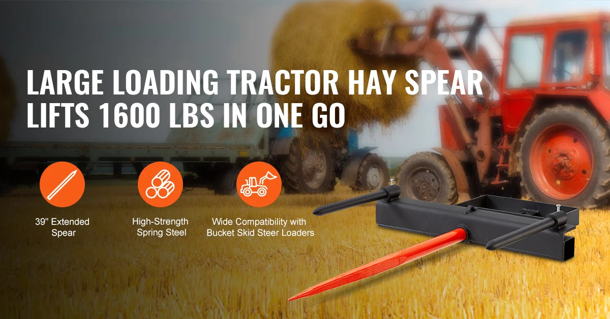 39" Hay Spear Bale Spears 1600lbs Loading Capacity Skid Steer Loader Tractor Bucket Attachment with 17.5" Stabilizer