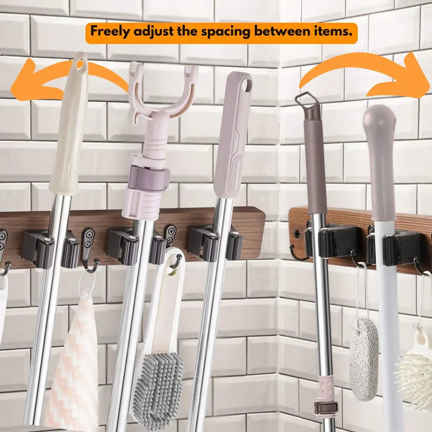 Broom holder installation hardware: screws, wall anchors, and mounting template
