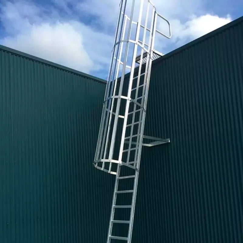 Outdoor Vertical Cage Ladders Steel Fiberglass FRP Material Angled Steel Cat Cage Step Ladder for Fire Escape Access