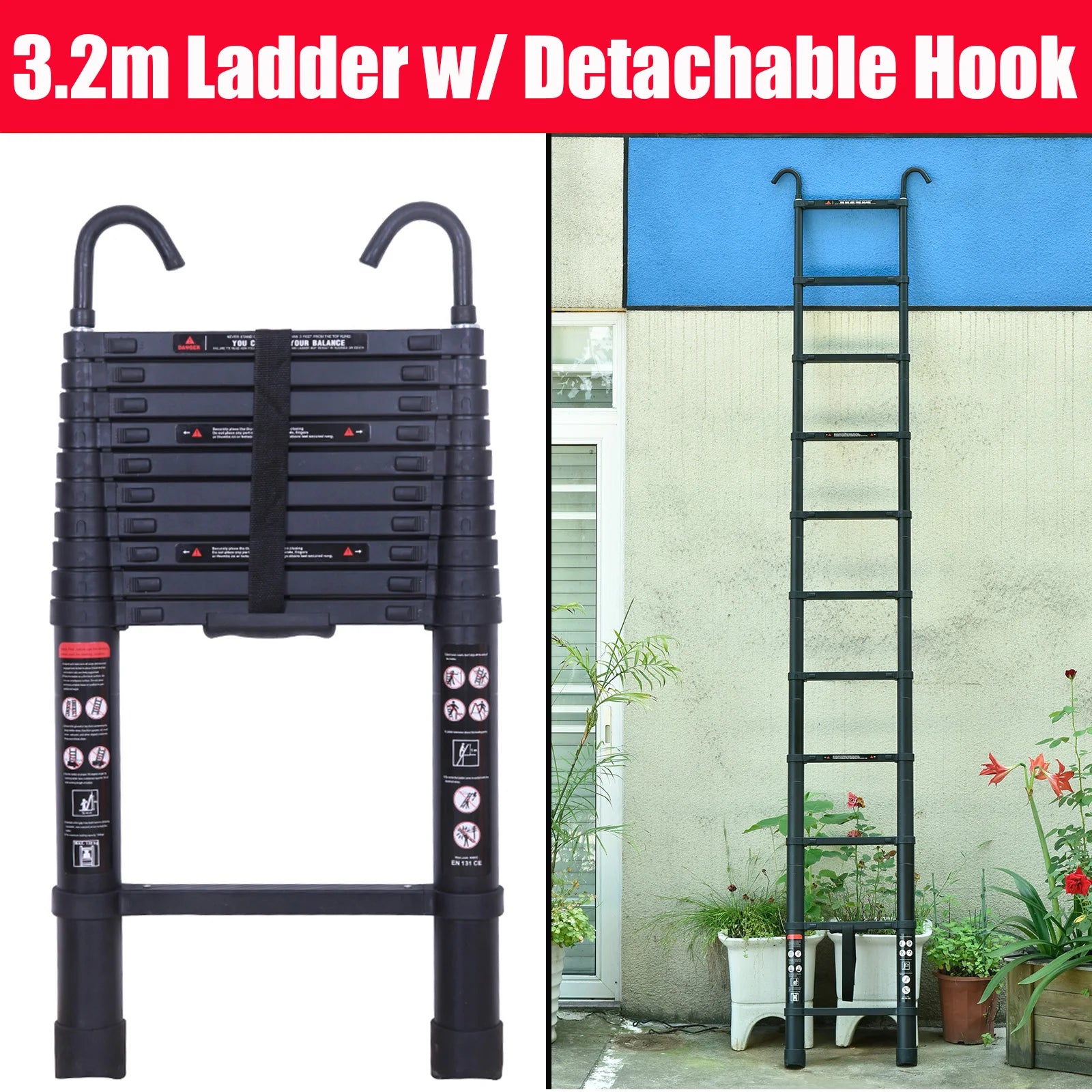 Stronger Black Telescopic Ladders 10.5FT-20.3FT Folding Aluminium with Detachable Hooks Extendable Steps Non-Slip Home Tool