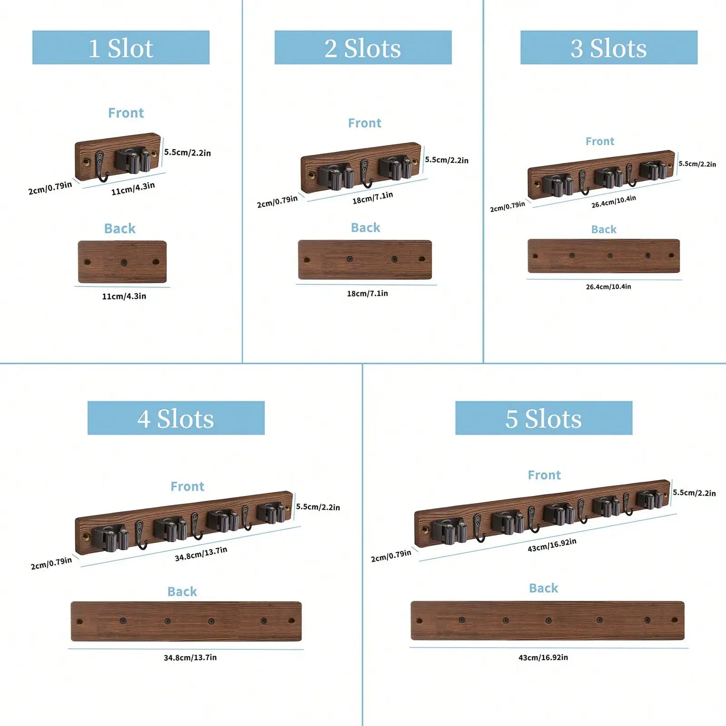 Close-up of the 4 hooks on the broom and mop wall organizer