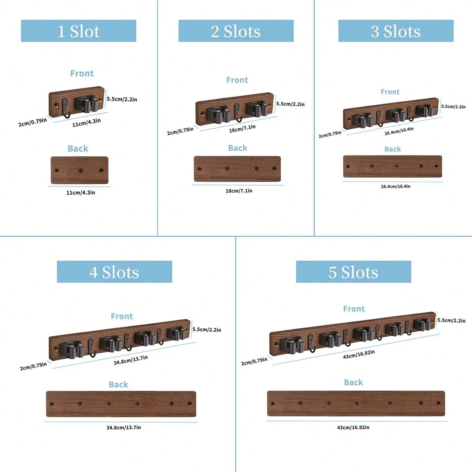 Close-up of the 4 hooks on the broom and mop wall organizer