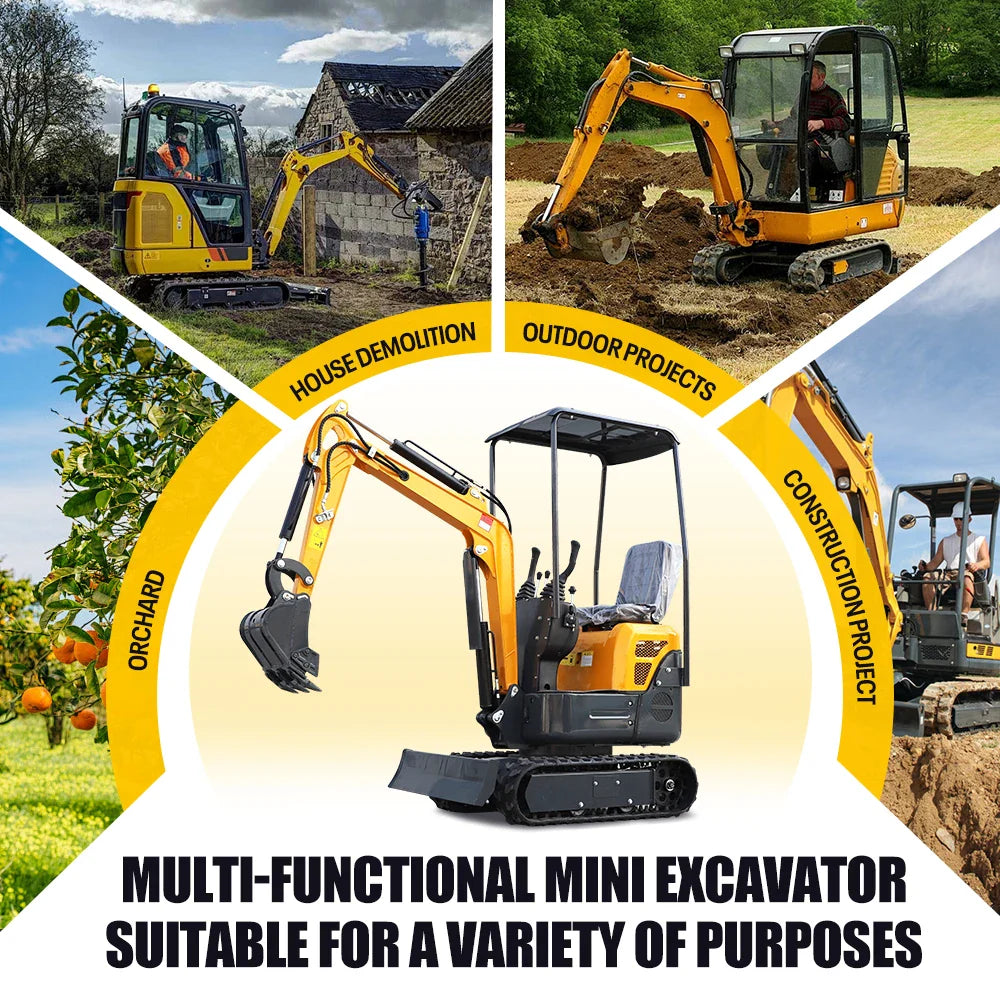 Mini Crawler Excavator 1.2 Ton EPA Engine Small Digger for Garden Farm Engineering Work, Multiple Auxiliary Tools Compatible.