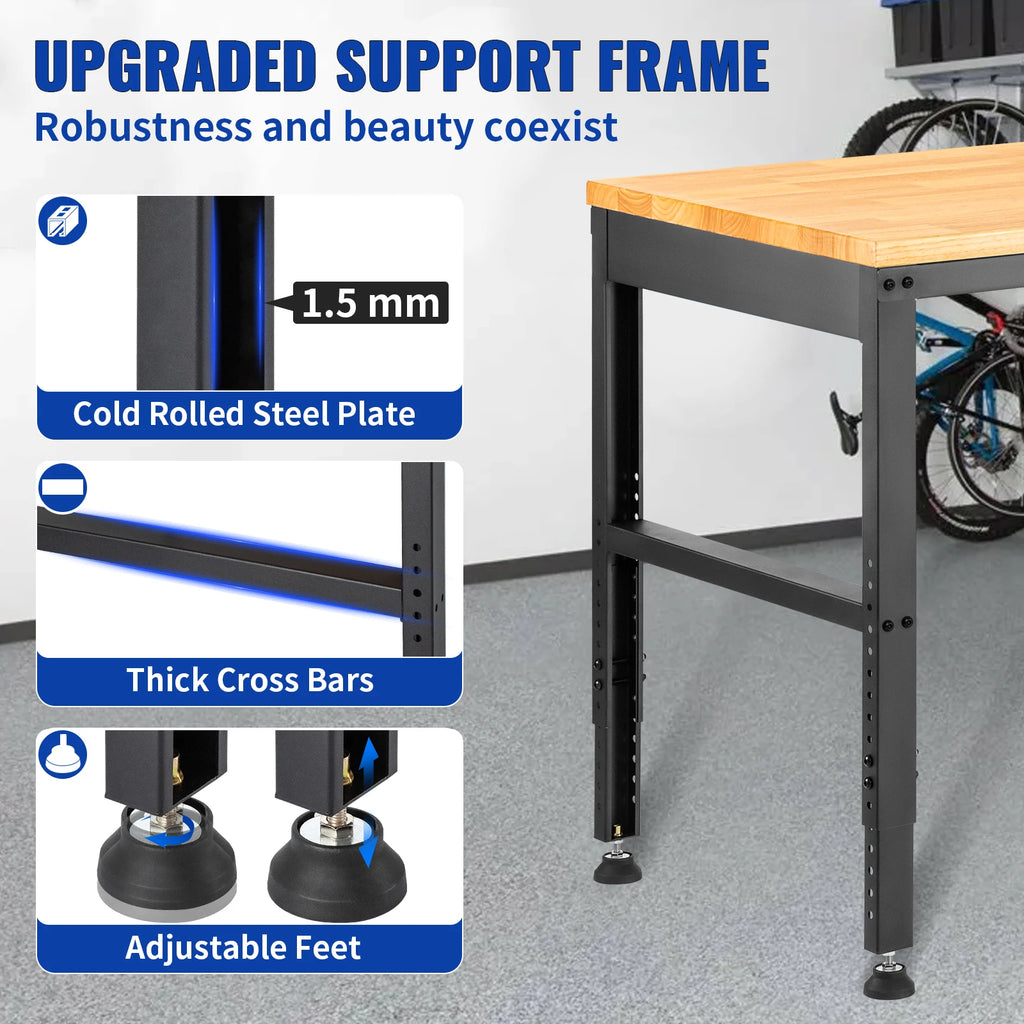 2000 lbs Adjustable Garage Workbench 48/61" L x 20" W Work Table with 28.3"-38.1" Height & Hardwood Top for Office Home