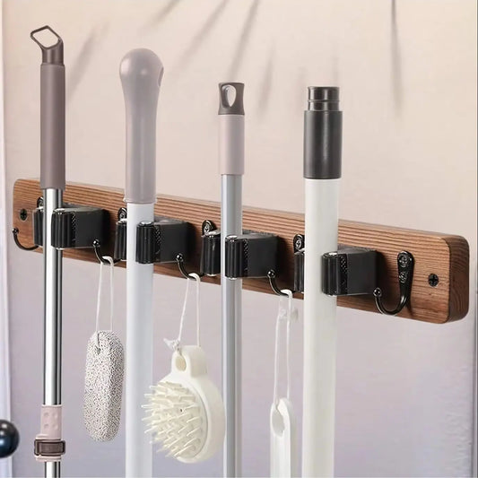 Wooden and stainless steel wall-mounted broom and mop holder with 5 slots and 4 hooks