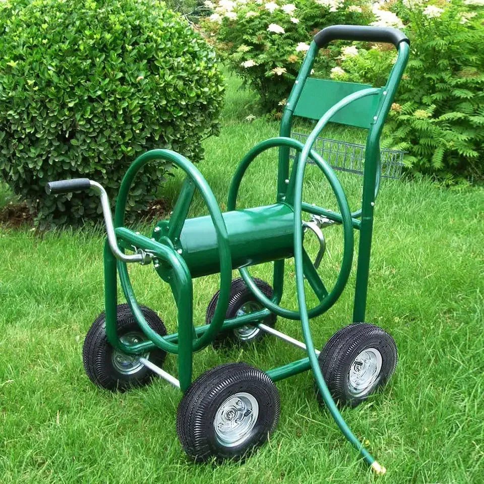 Heavy-Duty Movable Steel Gaeden Tool Cart Garden Hose Reel Cart With Basket Amd 4 Wheels For Garden Watering