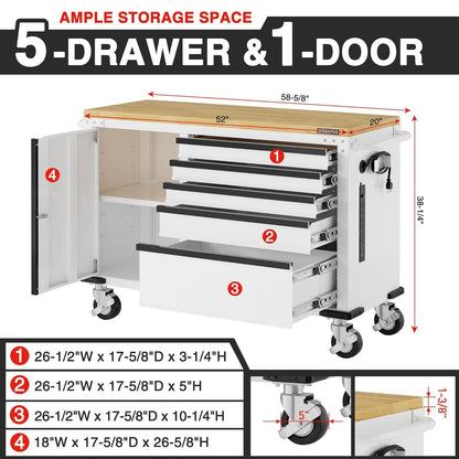 52" Rolling Tool Chest 5-Drawer with Power Strip