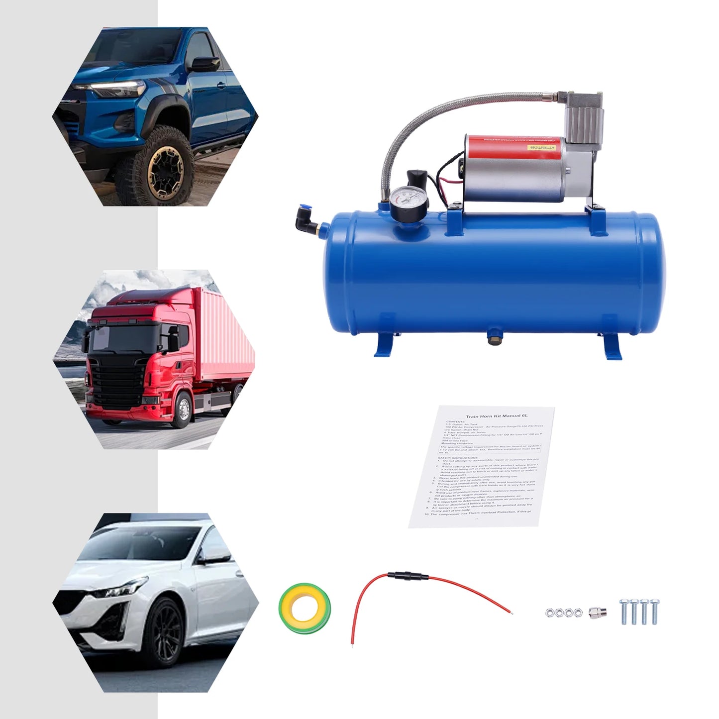 12V 150 PSI Train Horn Air Compressor Kit, 6L Tank