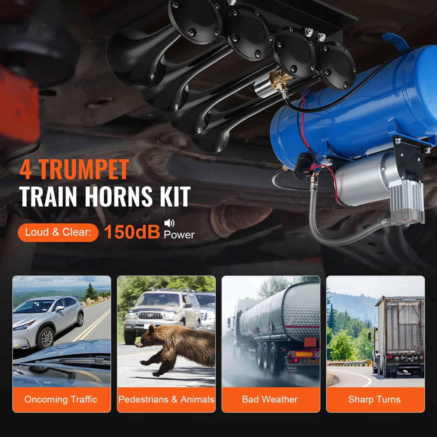 Train Horn Kit 150dB 4-Trumpet with 12V Compressor