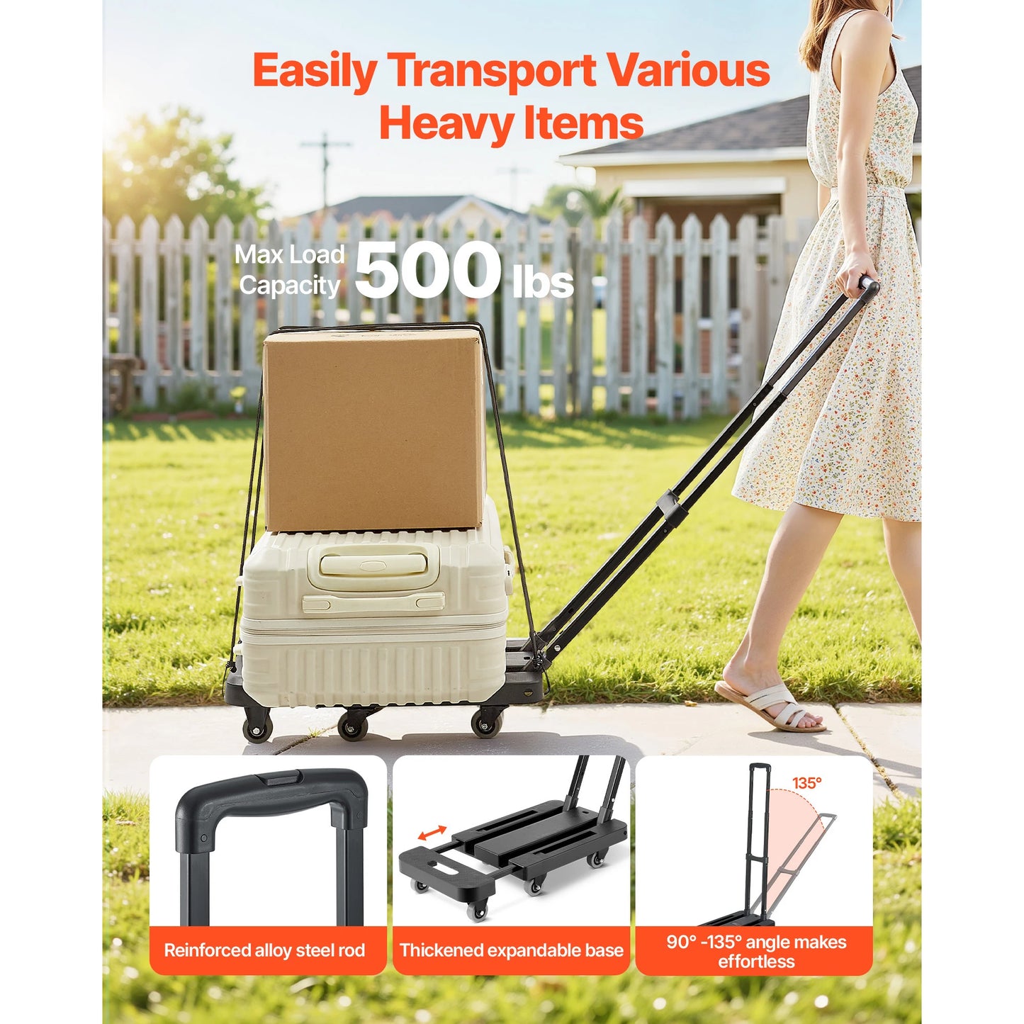 Folding Hand Truck 500 lbs with 6 Wheels & Ropes