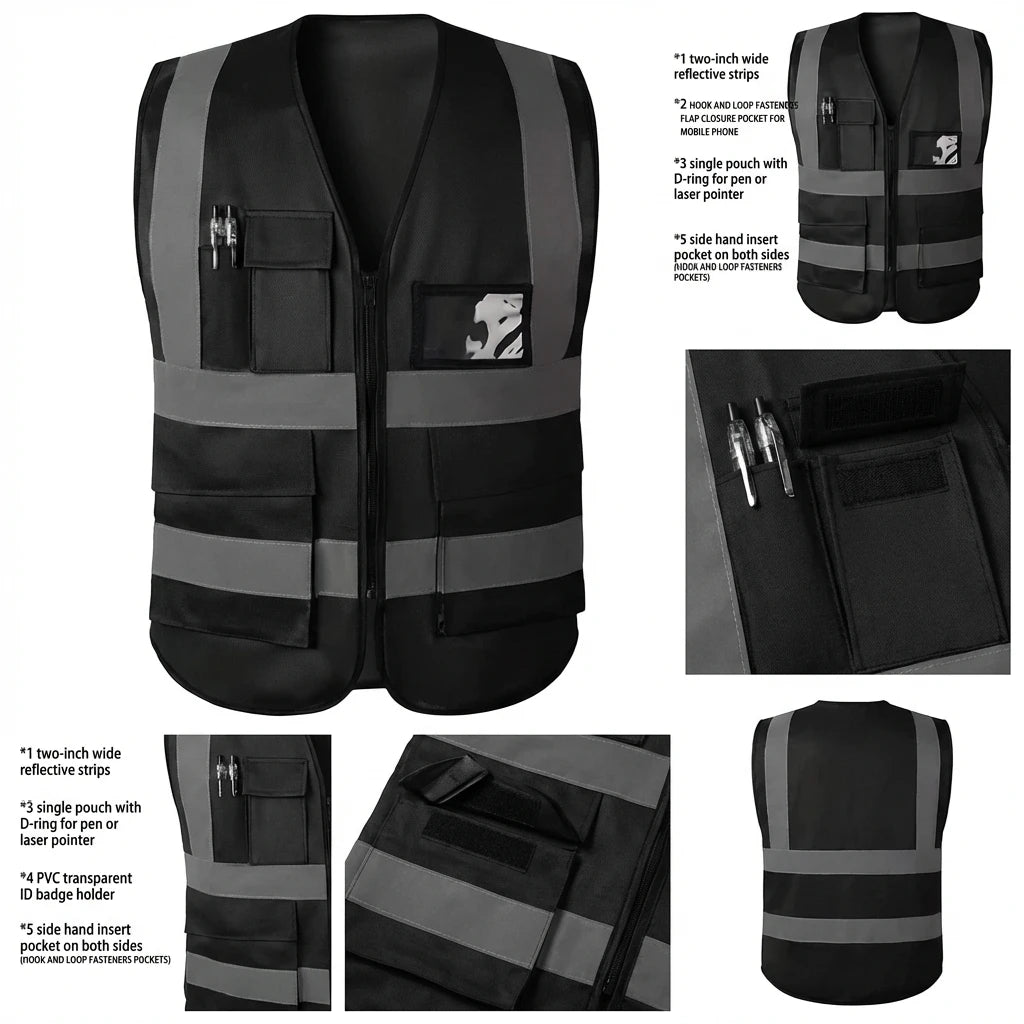 Reflective Safety Vest with Zip & Multi Pockets