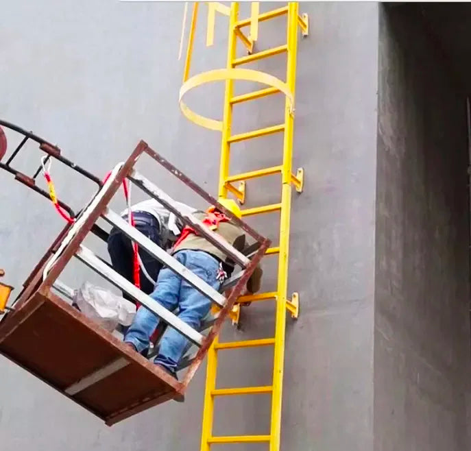 Outdoor Vertical Cage Ladders Steel Fiberglass FRP Material Angled Steel Cat Cage Step Ladder for Fire Escape Access