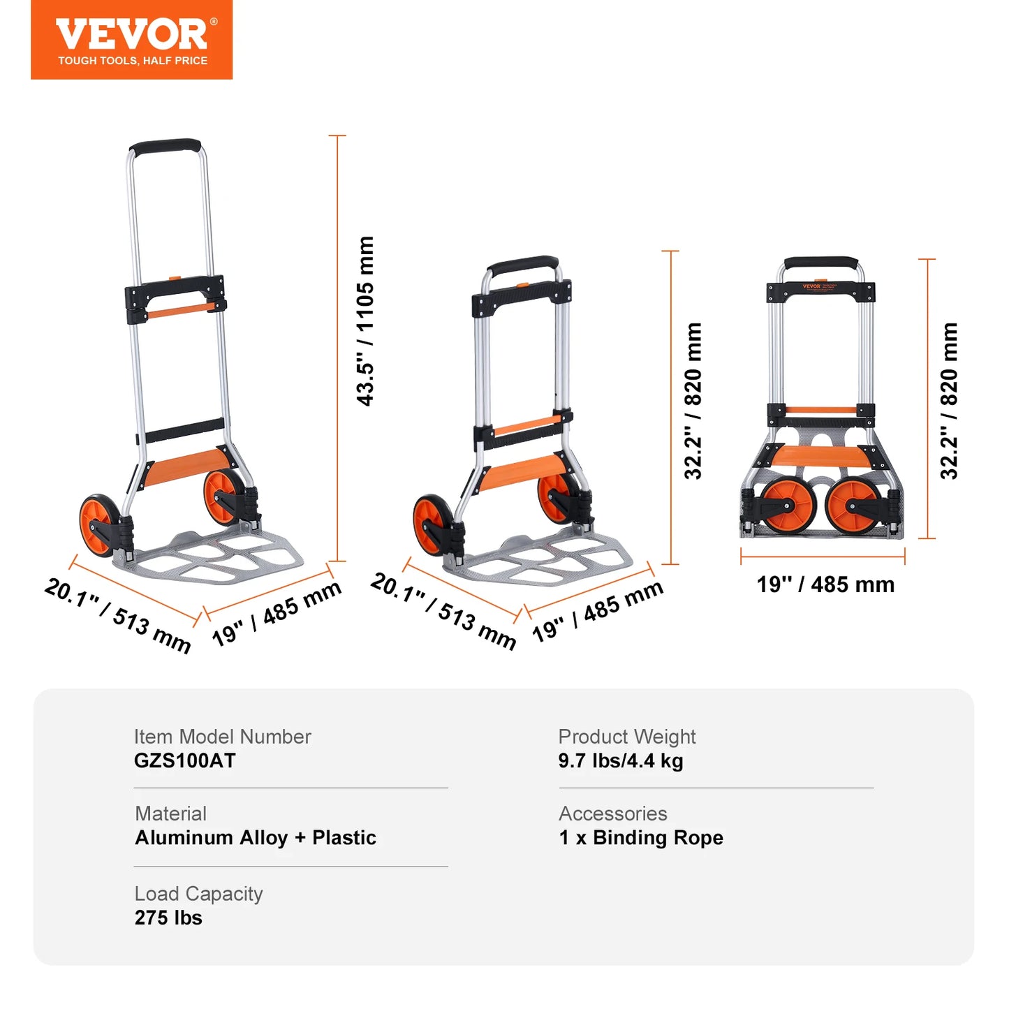 Folding Hand Truck 176-309 lbs with Telescoping Handle