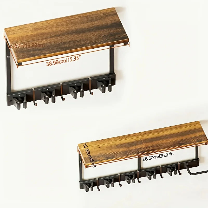 Wall-Mounted Broom & Mop Holder with Wood Storage Shelf