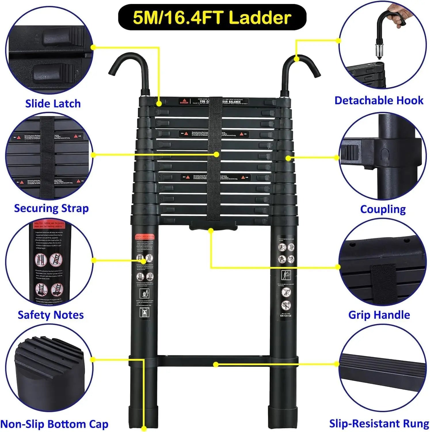 Stronger Black Telescopic Ladders 10.5FT-20.3FT Folding Aluminium with Detachable Hooks Extendable Steps Non-Slip Home Tool