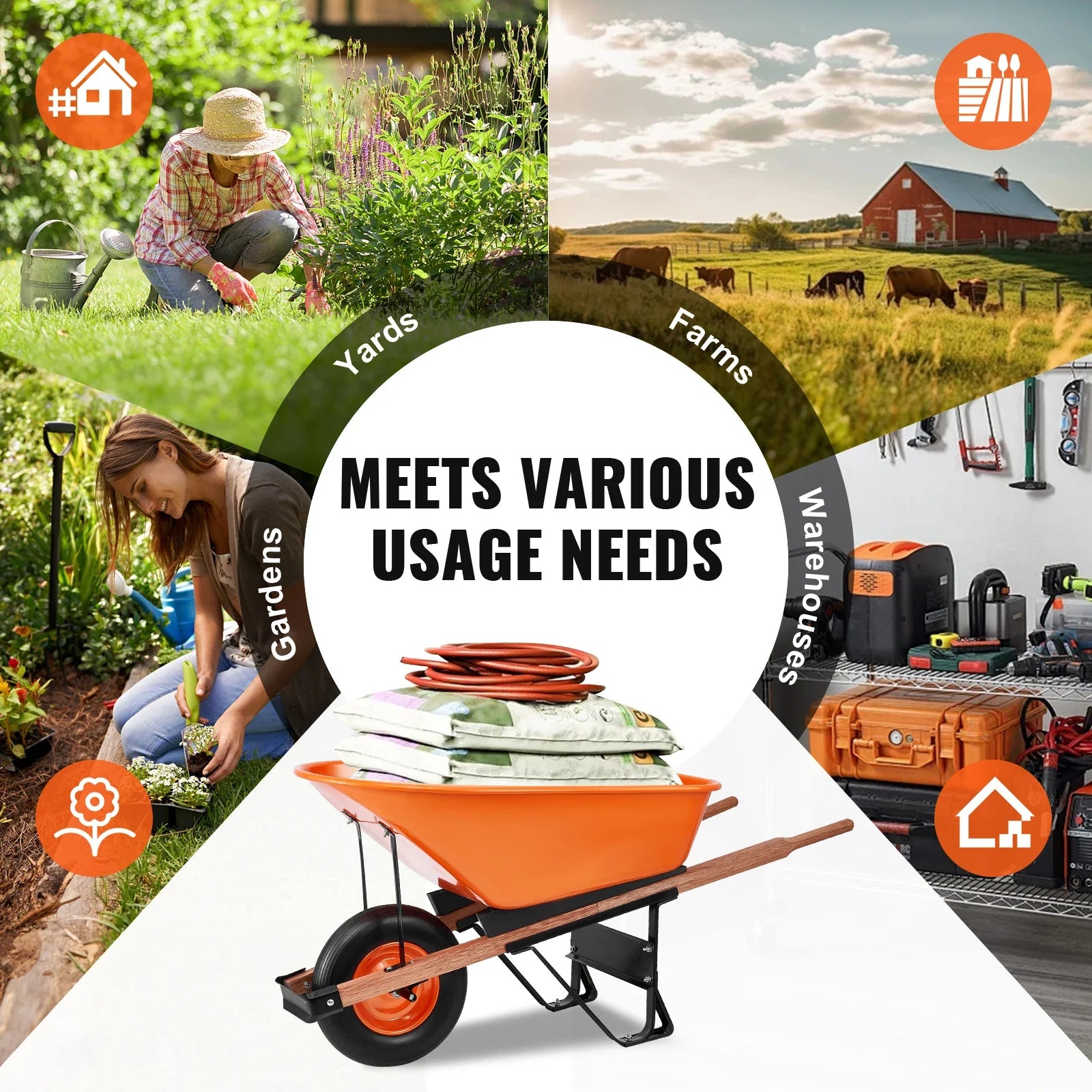 Wheelbarrow Cart 330lbs Capacity One Wheel Garden Dump Cart Wheel Barrow with Handle &  16"  Wide Track Wheels for Farm