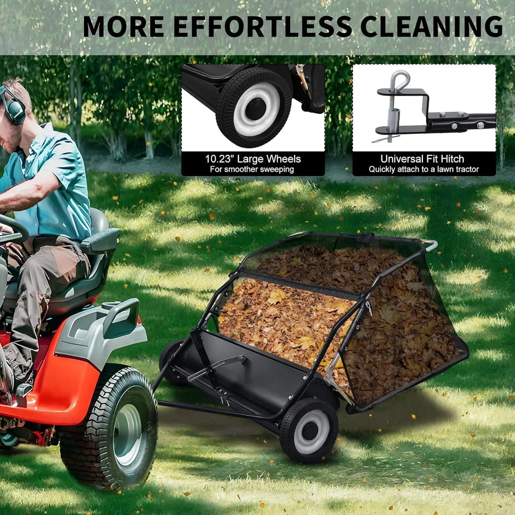 44" Heavy Duty Tow Behind Lawn Sweeper with Adjustable Brush, 25 cu ft Capacity for Leaves & Grass