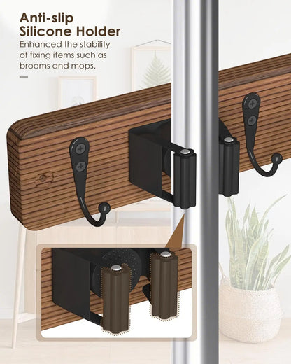 Wooden Broom Holder Wall Mount - 4 Holders 4 Hooks