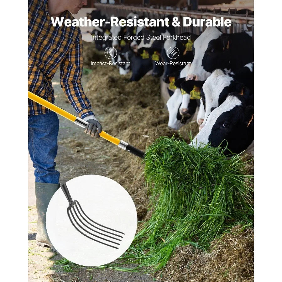 5 Tines Garden Fork Fiberglass Handle 57 in Digging Spading Pitchfork Heavy Duty