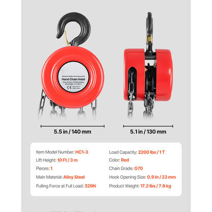 1T/2T Manual Chain Hoist with 8-20 ft Lift Height