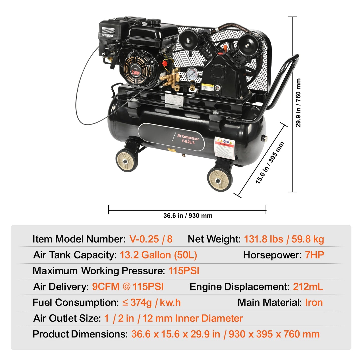 Gas Air Compressor 7-15 HP, 10-30 Gallon, 115 PSI
