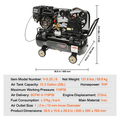 Gas Air Compressor 7-15 HP, 10-30 Gallon, 115 PSI