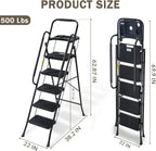 5 Step Folding Ladder with Handrails, 500 Lbs Capacity, Anti-Slip Pedals & Tool Platform for Home Kitchen Office